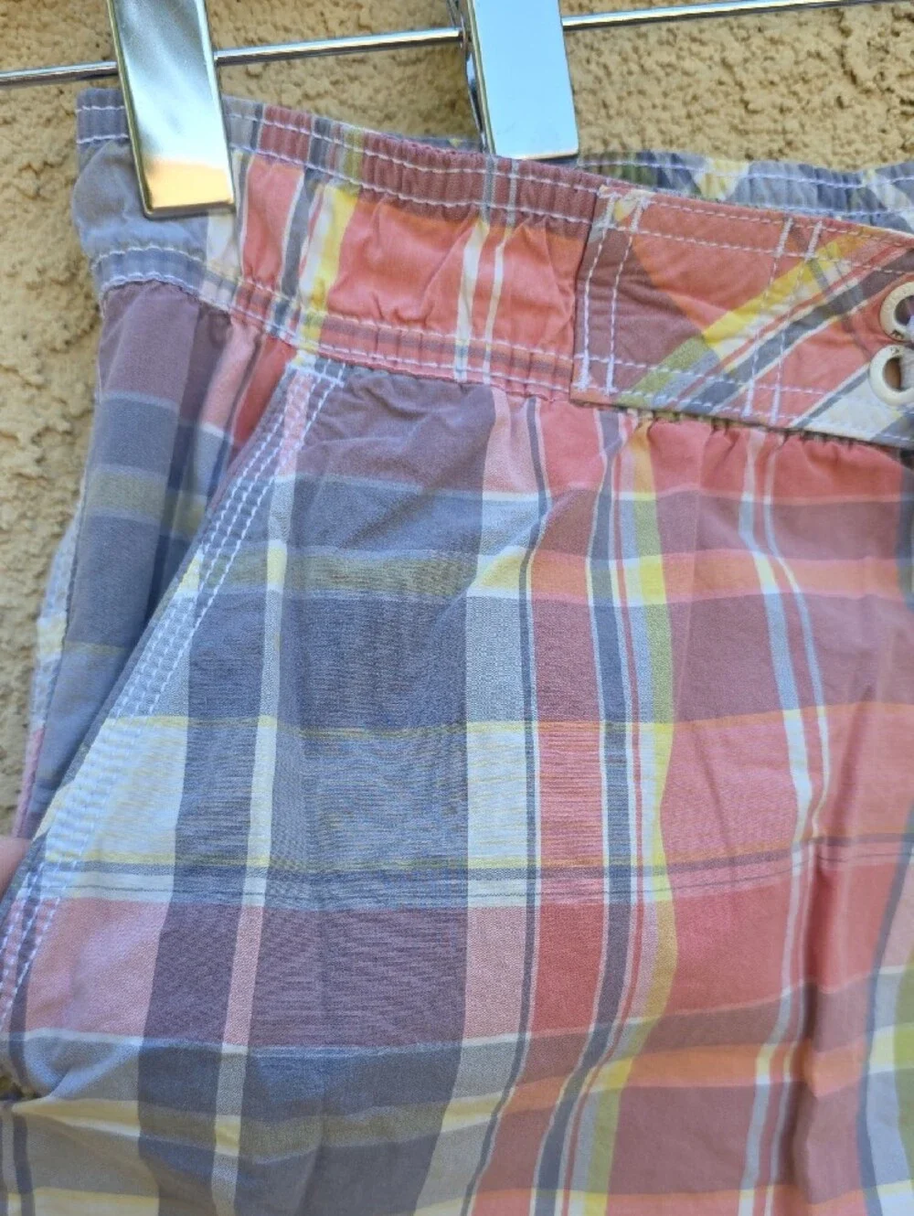 Plaid Drawstring Swim Trunks in Coral, Blue & Yellow